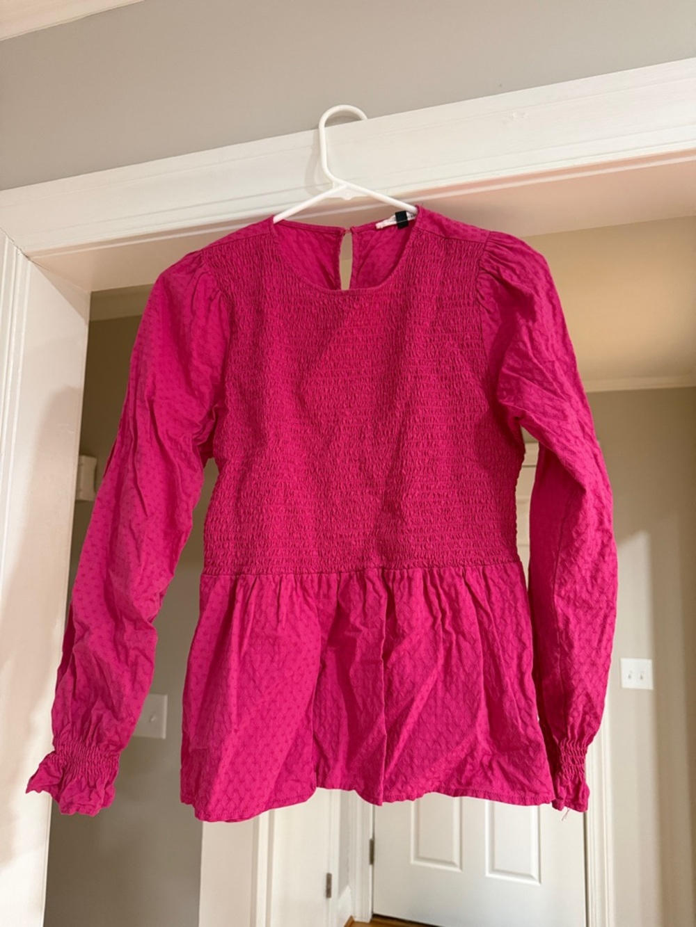 Amazon Women's Hot Pink Long-Sleeve Smocked Peplum Blouse